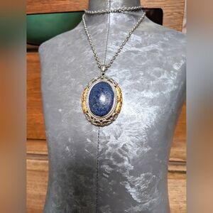 Lapis Lazuli oval gallery pendant stainless steel 18kt gold 20" chain nice NWOT